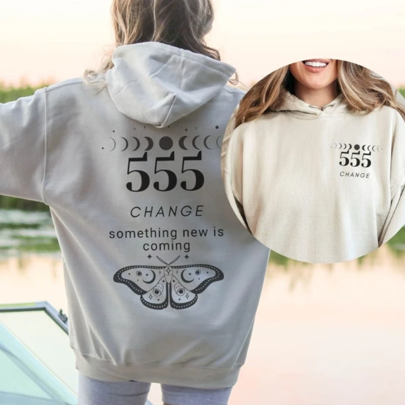 Angel Number 555 Hoodie Butterfly Moth Hoodies Moon Phases Celestial Spiritual Clothing Trendy Women Tops Witchy Hoodies Women