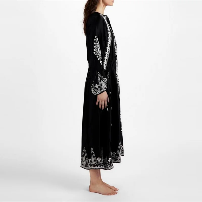 

n Sle Embroidered Floral Long Dr V-Ne Belted Bla Lantern Sve Dr Holiday Wear Women's Faion Dr