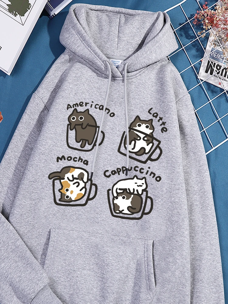 Cat In The Coffee Cup Printing Womens Hooded Basics Thick Comfy Sport Shirts Leisure Stylish Sportwear Unique Oversized Clothes