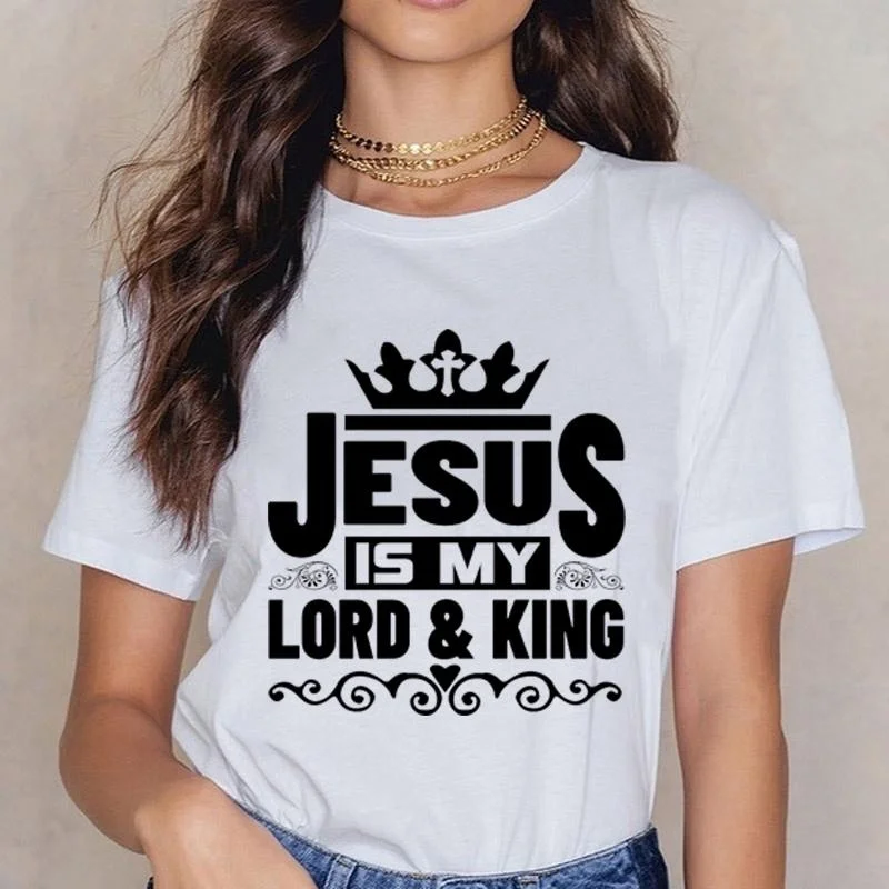 Funny Jesus Is My Lord & King Print T-shirts For Women Summer Short Sleeve Round Neck Cute Loose T-shirt