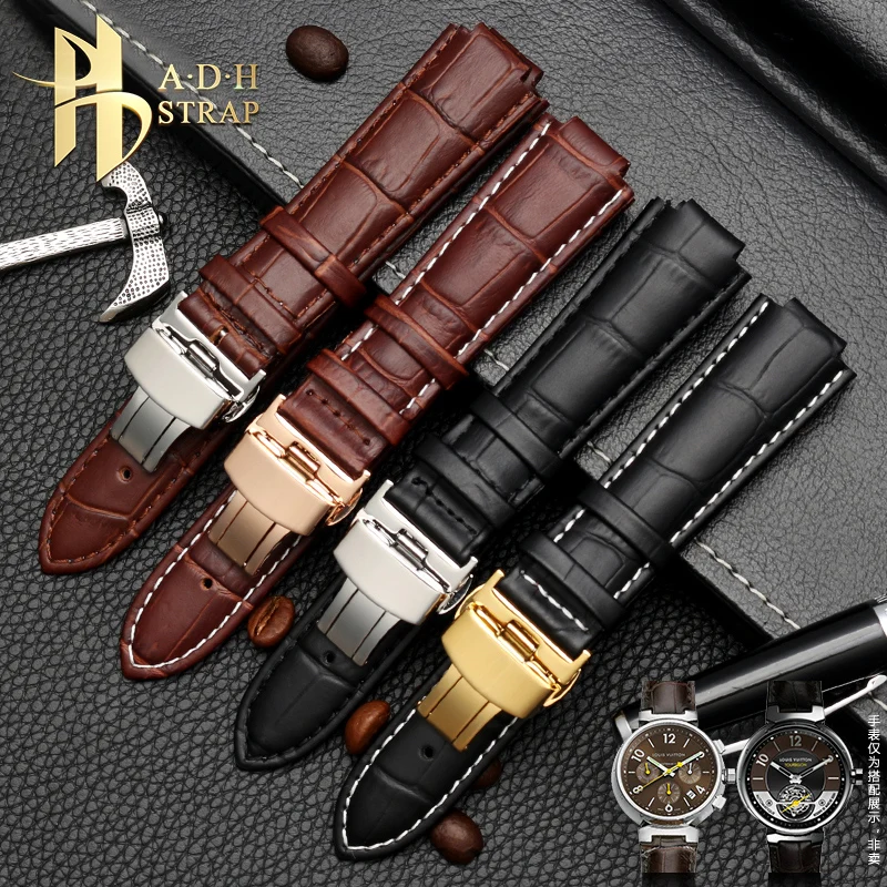 For LV Genuine Leather Watch Chain Raised 18x10mm 21x12mm Butterfly Buckle for Louis Vuitton Q1121 Q114k Men Women Cowhide Strap