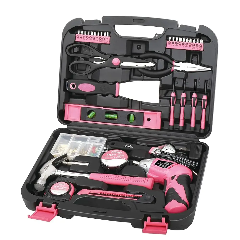 

Tools 135 Piece Household Pink Hand Tools Set With Pivoting Dual-Angle 3.6 V Lithium-Ion Cordl Screwdriver - Dt0773N1