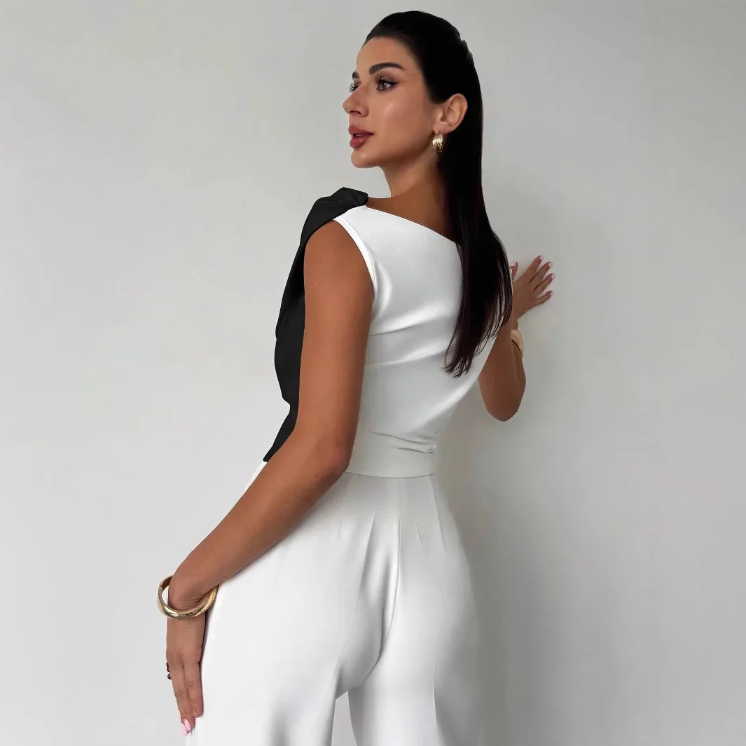 2026 Summer New Arrival Women's Elegant Color Block Asymmetrical Off Shoulder Slimming Sleeveless T-shirt Commute Versatile Top