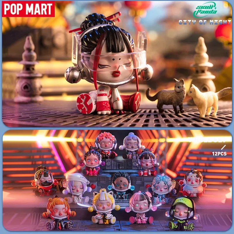 POP MART Skullpanda miasto nocnej serii pudełko z niespodzianką zabawki Kawaii Anime figurka Caixa Caja tajemnicze pudełko lalki prezent dla