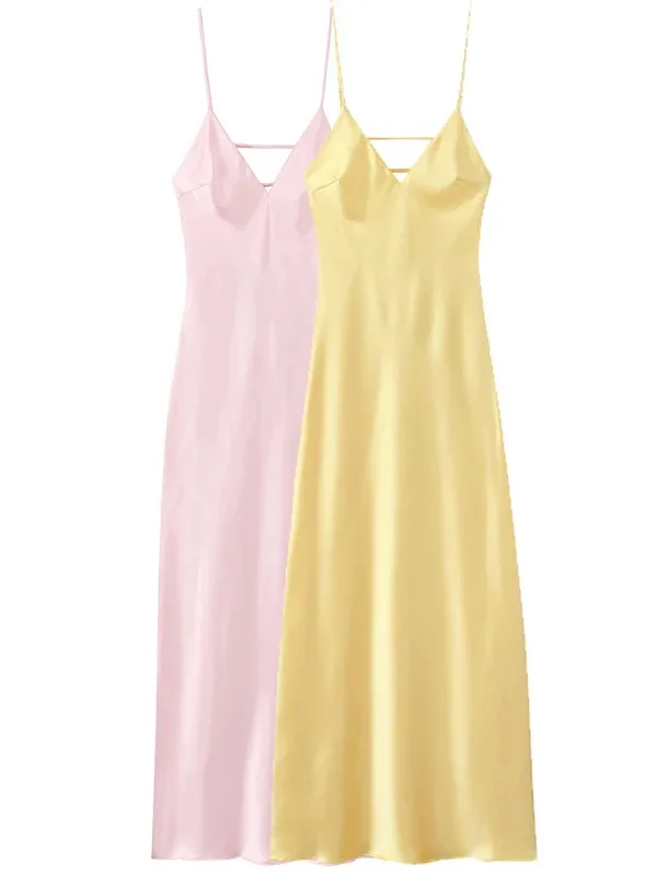 レディースイエロースリップドレス夏 2025 女性サテン V ネックパーティードレスエレガントなイブニングノースリーブバックレスロング Vestidos RL42