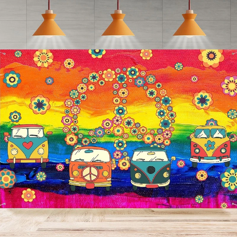 

Hippie Bus Groovy Photography Backdrop Colorful Flowers Floral Painting Car Background Wall For Kids Party Home Decor Banner