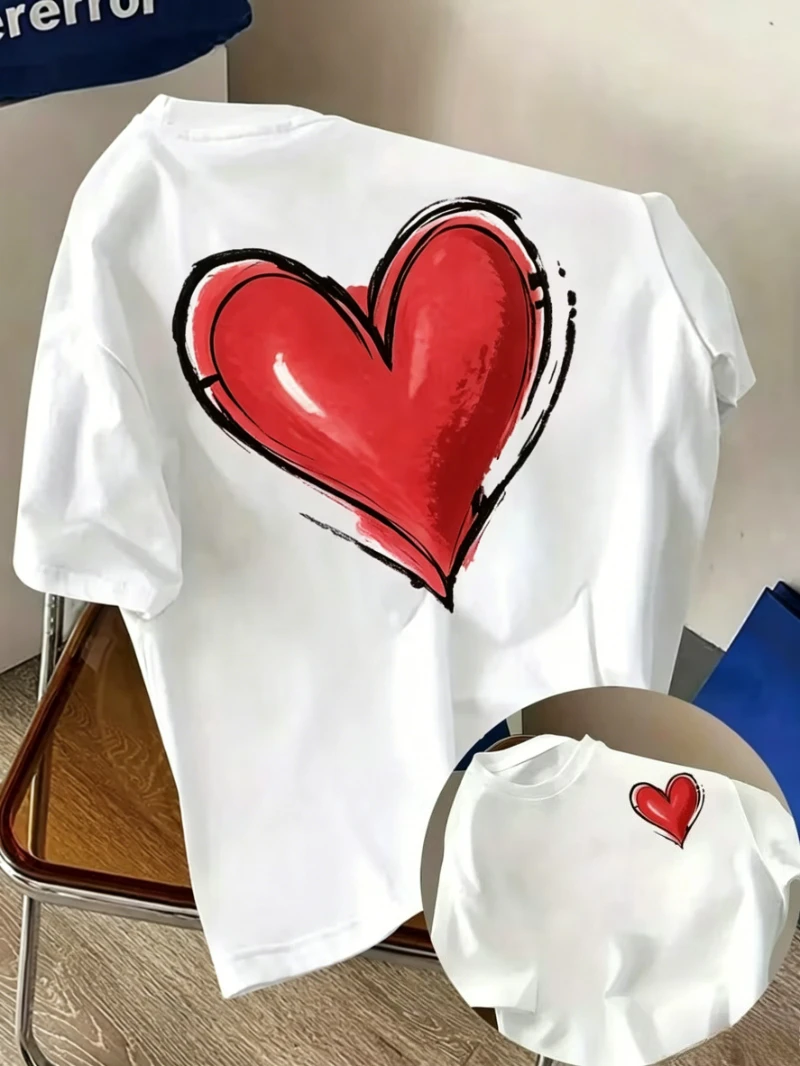 Brush Stroke Heart Print T-shirt Hand-painted Style Graphic Short Sleeve Tops Women Casual Streetwear Daily Wear Couple Tee