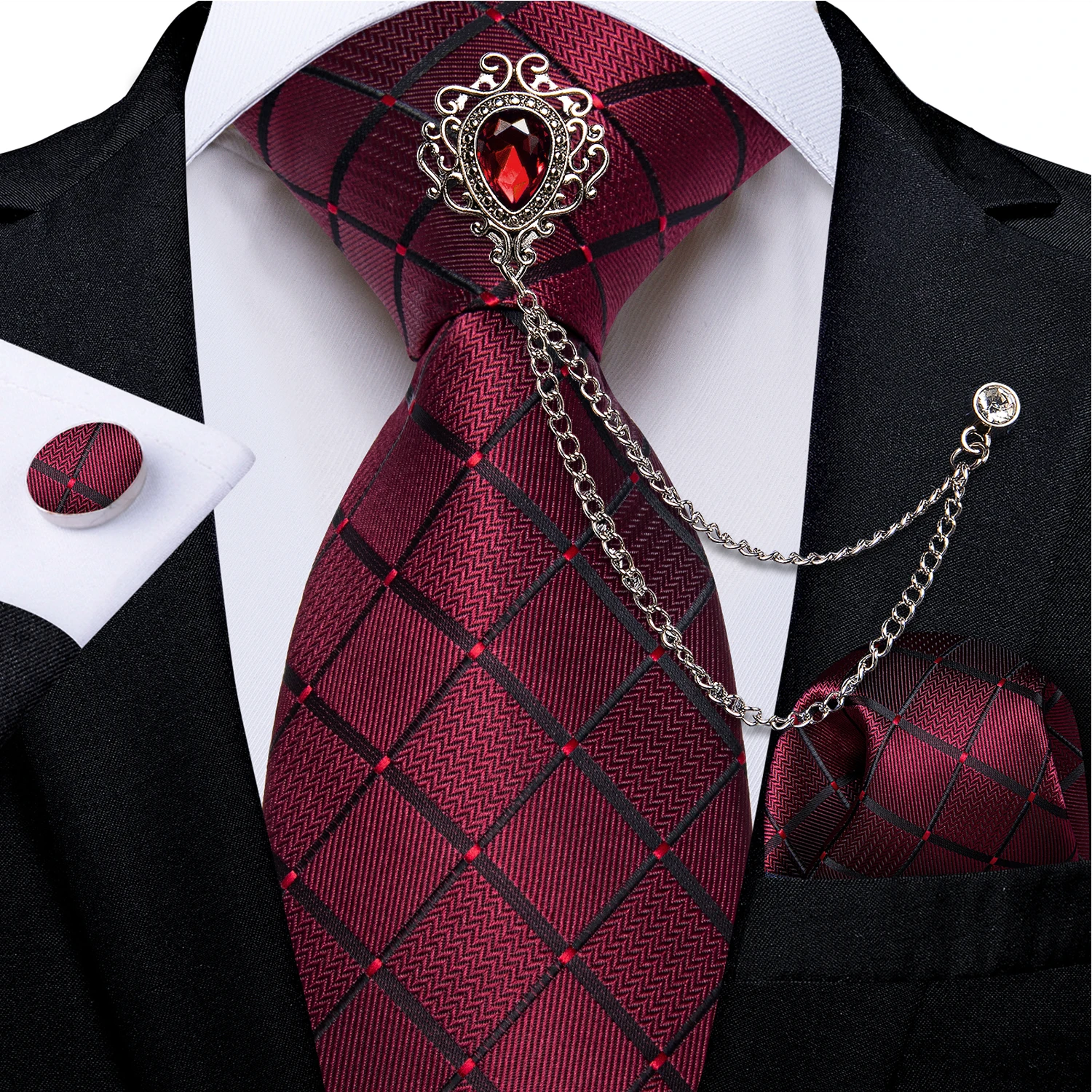 Corbatas de seda florales de Cachemira roja para hombre con broche de cristal de lujo, cadena de 8cm, corbata, pañuelo, conjunto de gemelos, accesorios de boda