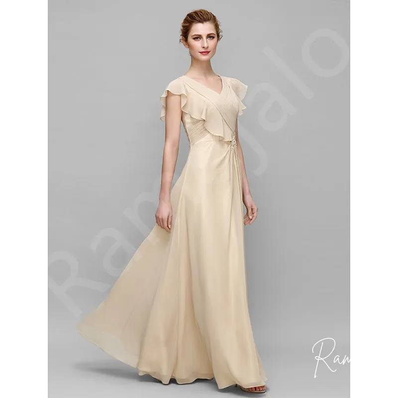 Customized A Line Chiffon Mother of the Bride Dress V Neck Ruffles Cap Sleeves Floor Length Style Tan Color Formal Party Gowns