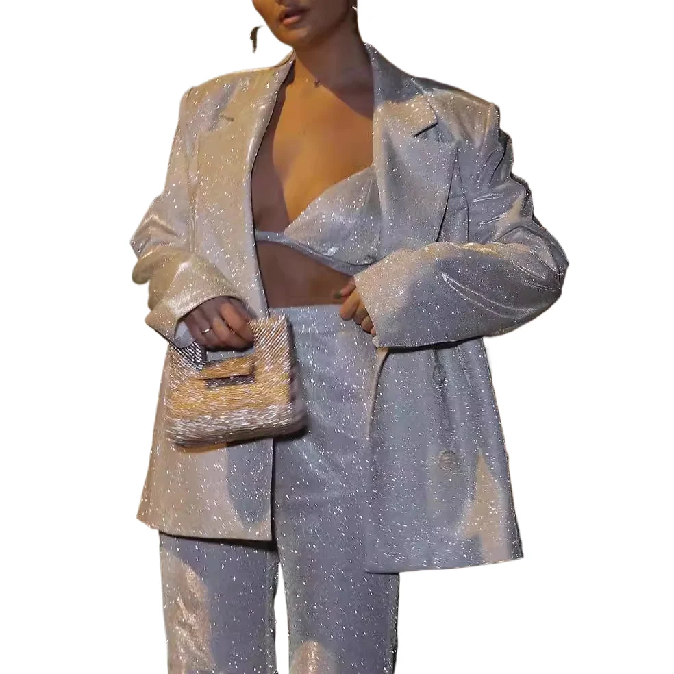 

Fashion Trend Shiny Three-piece Set Women Silver Long Sleeve Coat Vest Straight Pants 3 Piece Sets Streetwear New