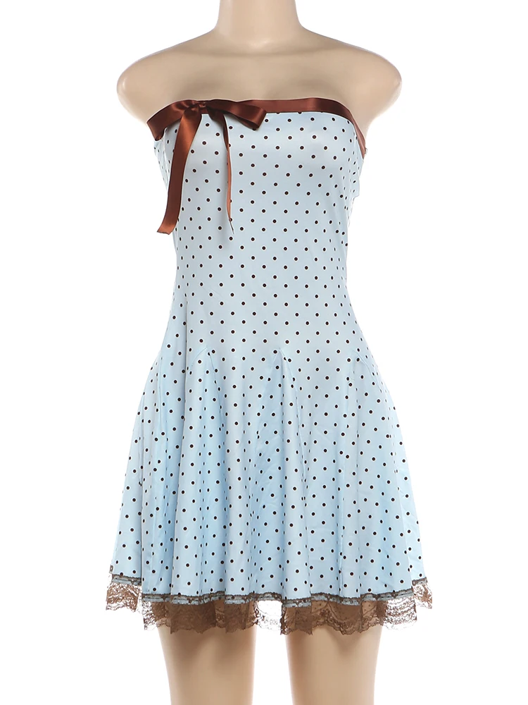 Weird Puss Bow Dekorations-Minikleid für Damen, Polka-Dot-Print, Wickel-Design, rückenfrei, Spitzenkante am Saum, Geburtstagsparty, elegantes Bodycon-Kleid – Detail 3