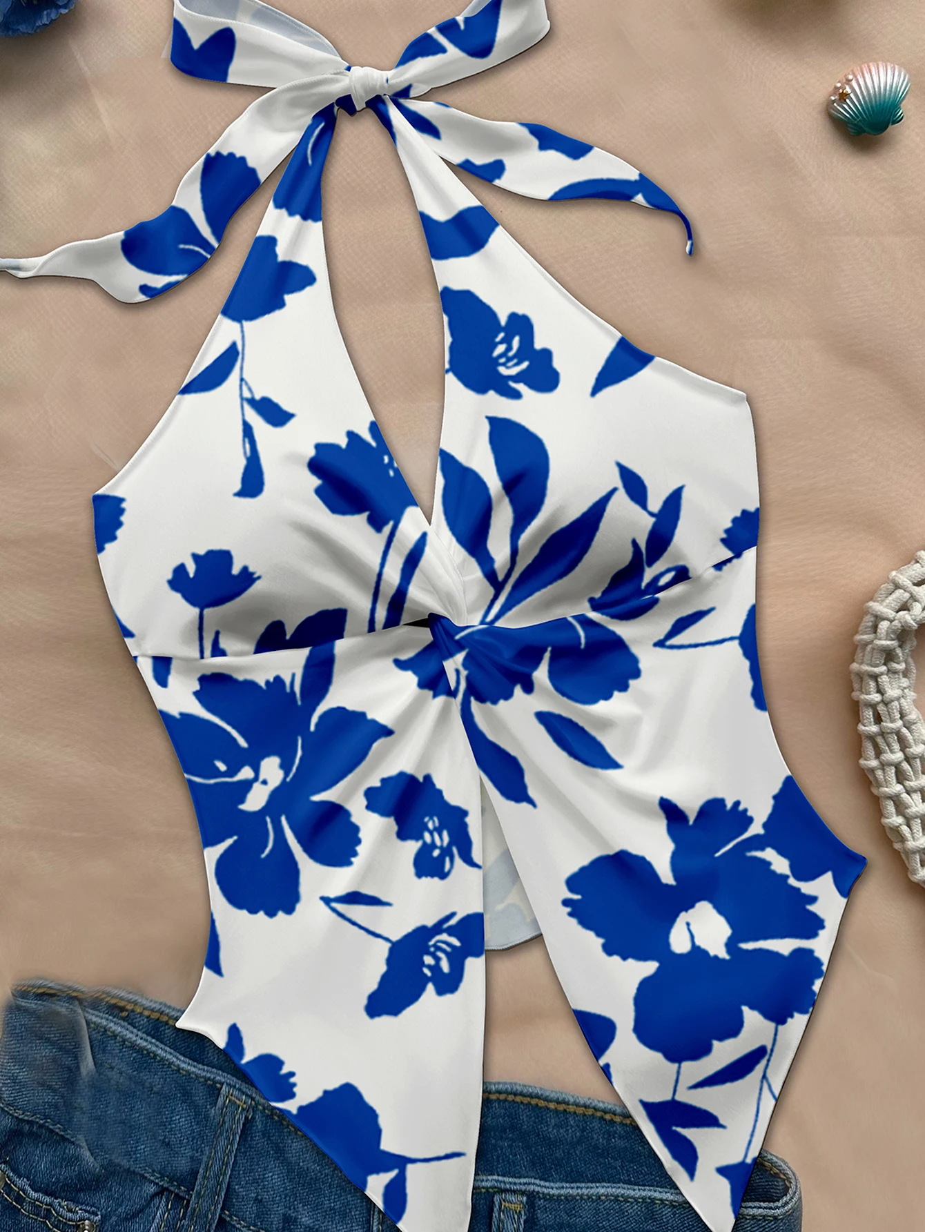 قميص قصير نسائي صيفي لقضاء العطلات على الشاطئ مطبوع عليه زهور زرقاء كلاسيكية من بوستير بقصة ضيقة، ملابس حفلات كلاسيكية Y2K