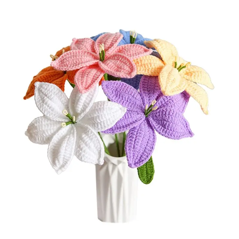 

A67K-6 PCS Hand-Knitted Lily Mother' Day Gift Tulip Rose Crochet Flowers Artificial Flower Bouquet Yarn Homemade Desktop Decor G