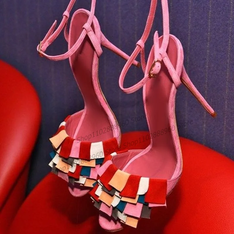 Mixed Color Flock Cloth Decor Sandals Stilettos High Heel Women Shoes Ankle Buckle Strap Peep Toe 2023 Sexy Zapatos Para Mujere