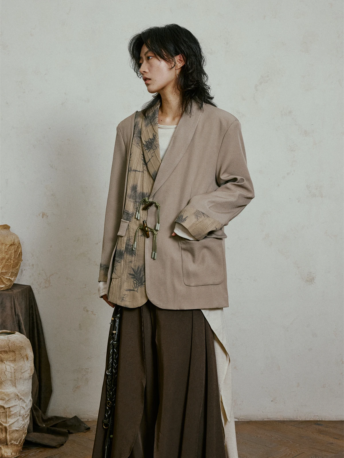 SUNYVONNE Chinese Style Long Sleeve Suit Jacket with Button Design And Bamboo Leaf Splicing Textured Sensation Unique Design