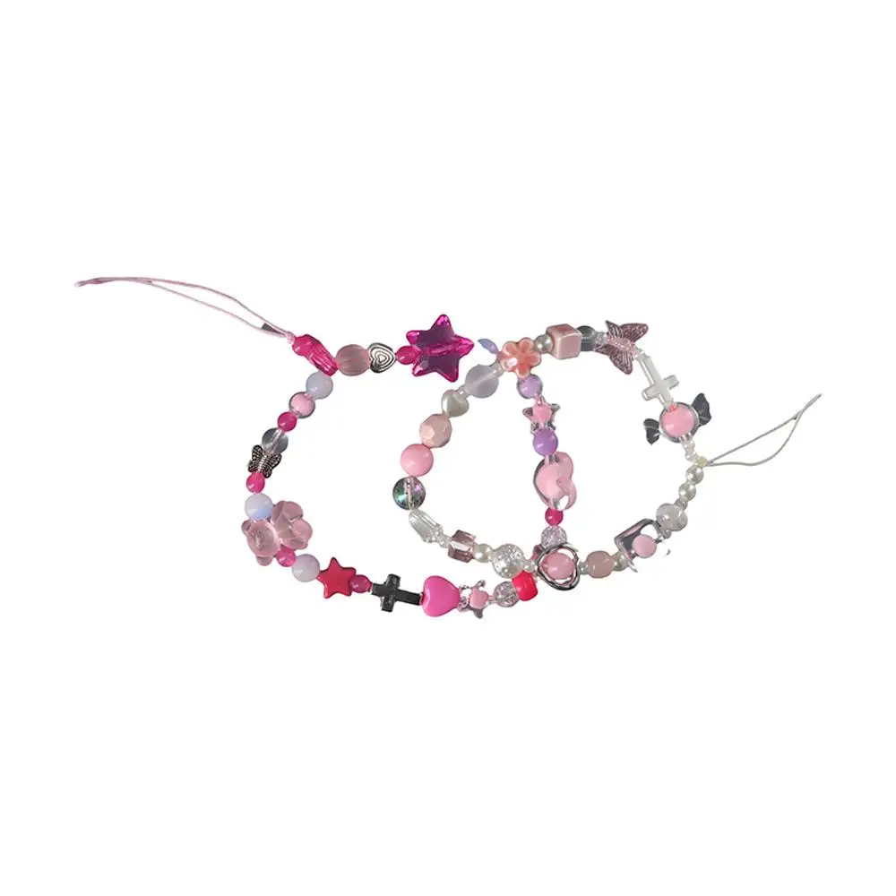 Kawaii Sweet Cool Y2k Phone Lanyard Pink Pearl Heart Star Cool Girl Phone Chain Bear Buttfly Style Cellphone Strap Female