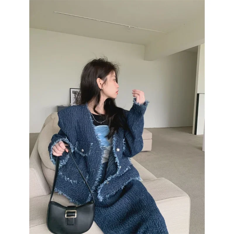 Insozkdg Korean 2023 Spring Autumn Suit Femininity Edge Denim Jacket + Skirt Casual Fashion Two-piece Set Women High Street