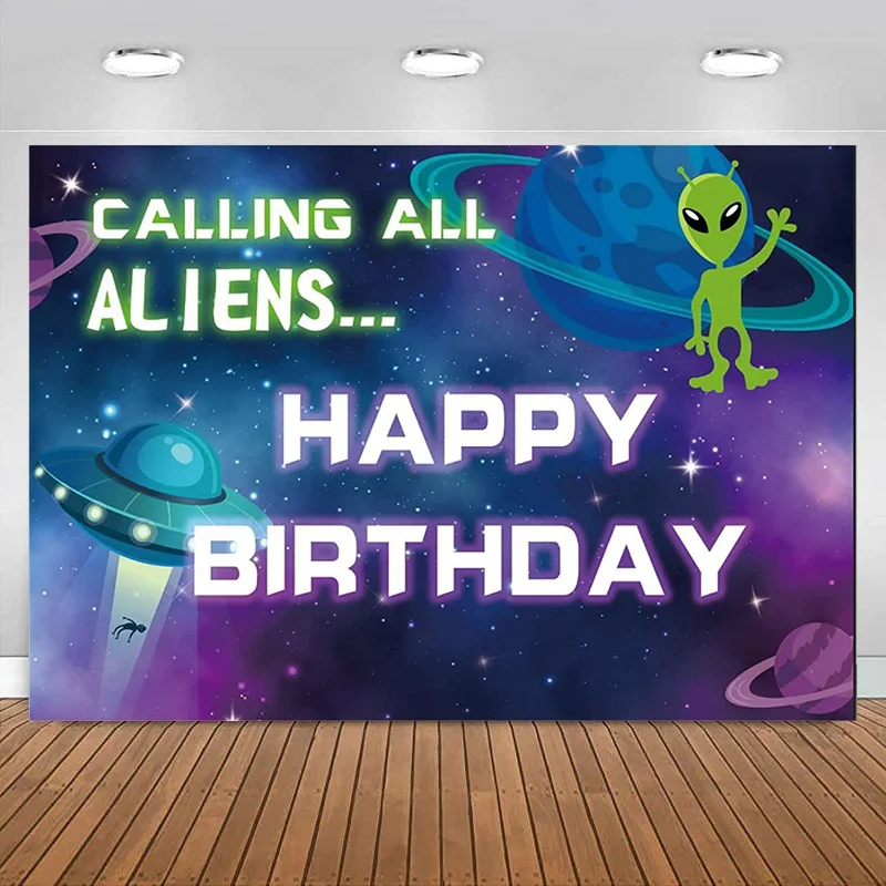 UFO Alien Backdrop Spaceship Happy Birthday Party Photography Background Science Space Theme Party Decorations Boys Kids Banner