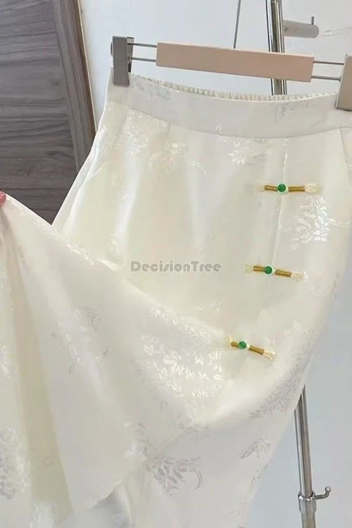 

2025 chinese retro style summer high-waisted jacquard printed satin slit skirt elastic waist loose long cheongsam button skirt