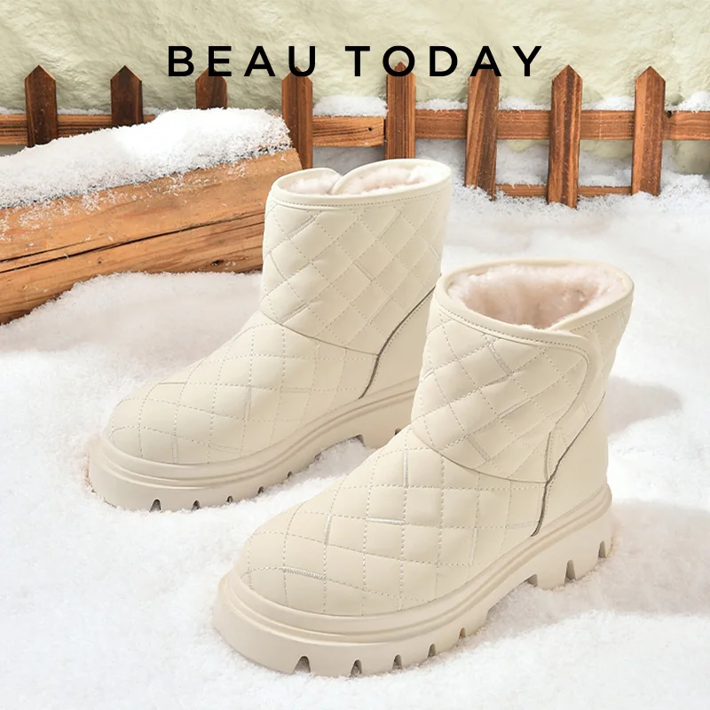 BEAUTODAY Snow Boots Women Diamond Cow Leather Round Toe Platform Ankle Boots Female Winter Warm Fur Shoes Handmade 08222