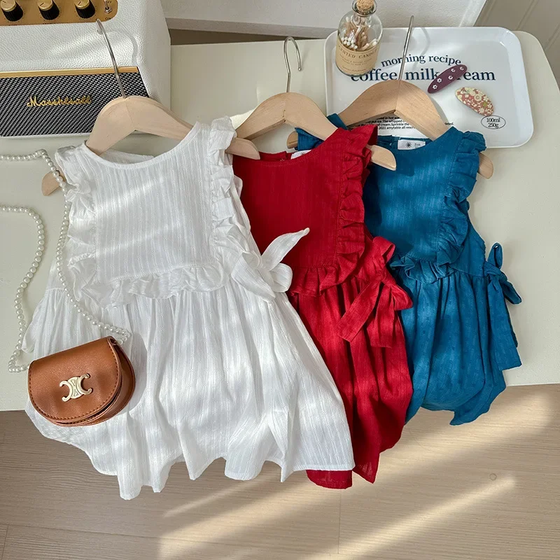 Girls Dresses Korean Childrens Clothing 2024 Summer New Girl Sweet Western Style Vest Lotus Leaf Dress Red Summer Skirts