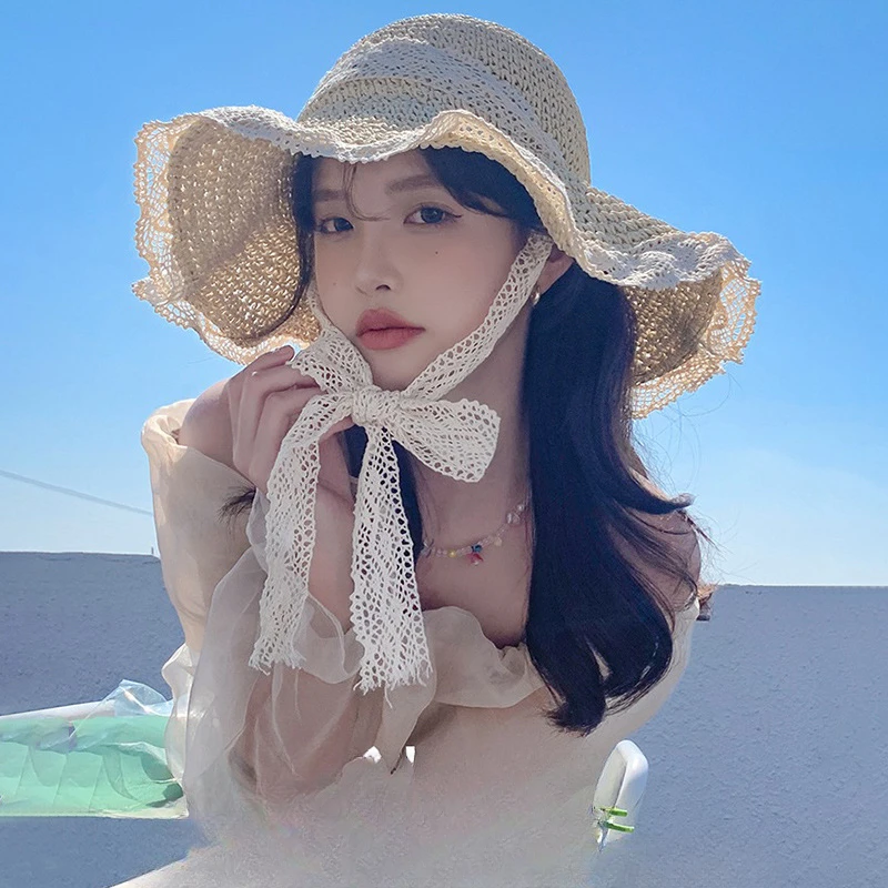 여행용 자외선 차단 빨대 모자, 레이스업 할로우 잔디 니트 모자, 여름 해변 해변 태양 모자, 레이스 엣지 태양 모자, 신제품