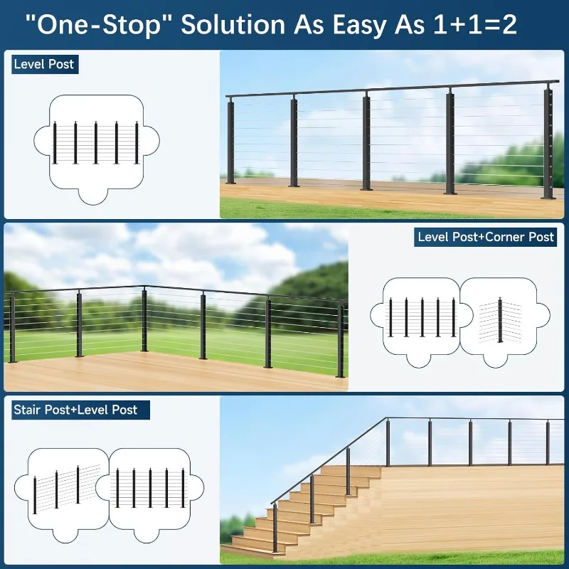 36" One-Stop Cable Railing Post Kit, 5Pack Level Drilled Line Post, Adjustable Top Cable Railing System Including 5 Railing Post