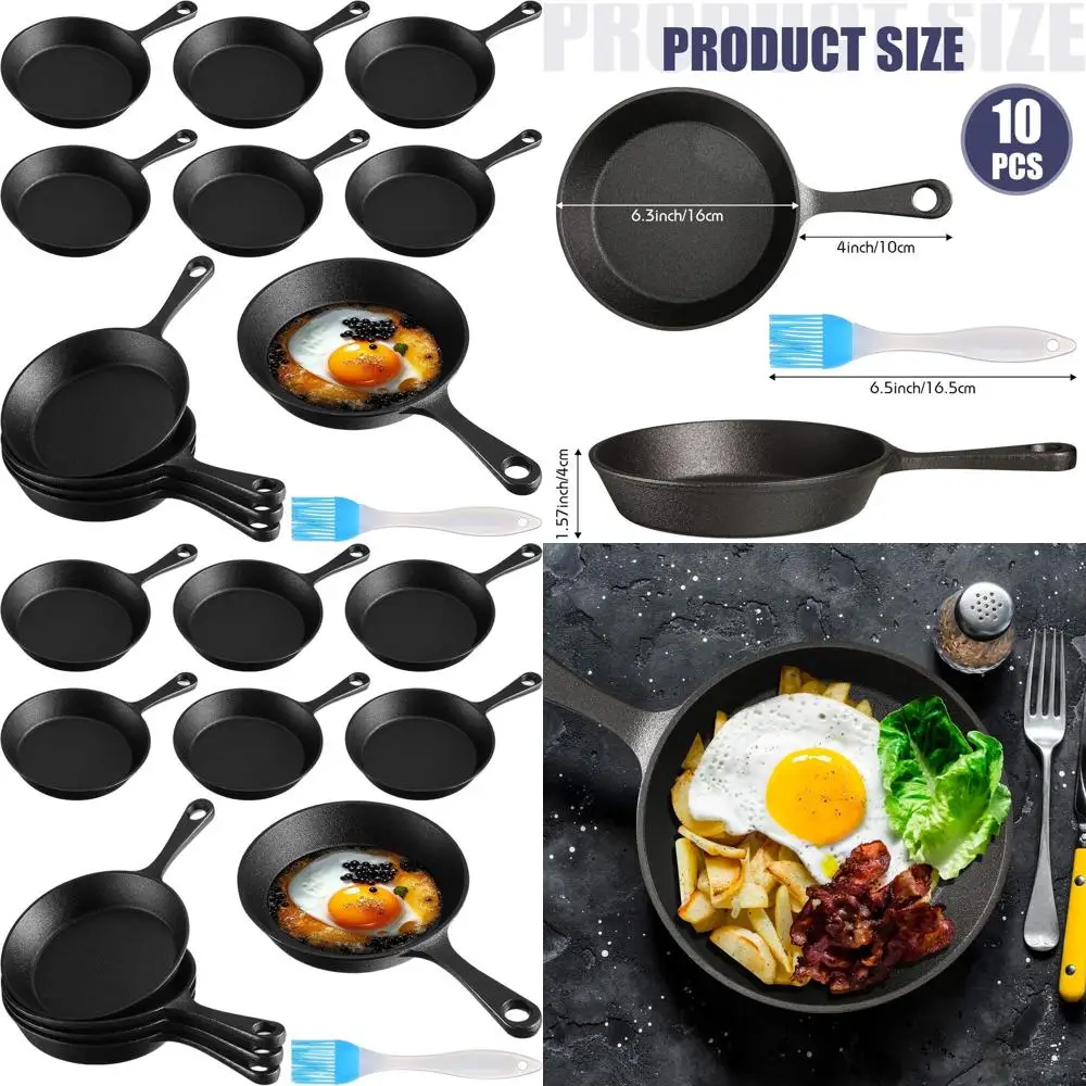

Набор мини-сковородок из чугуна, 6,3 дюйма, 10 штук, черные жаровни, идеально подходят для жарки и приготовления пищи, для использования в помещении и на улице