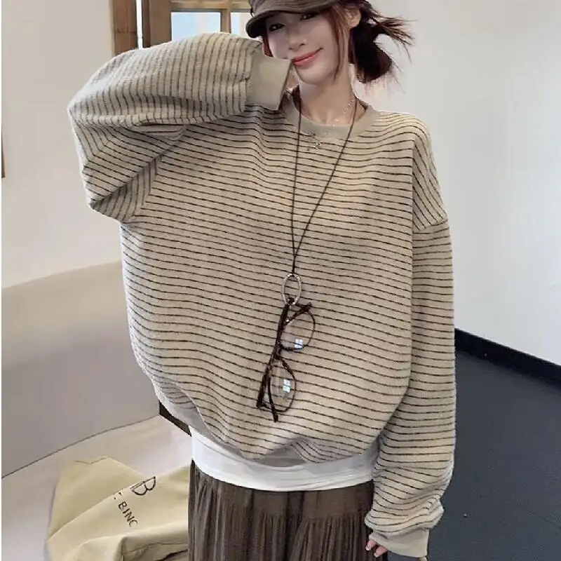 

Худи в стиле K-pop, модная толстовка с круглым вырезом, хлопковая, женская, в студенческом стиле, новая, на раннюю весну, с полосками, повседневная толстовка-худи