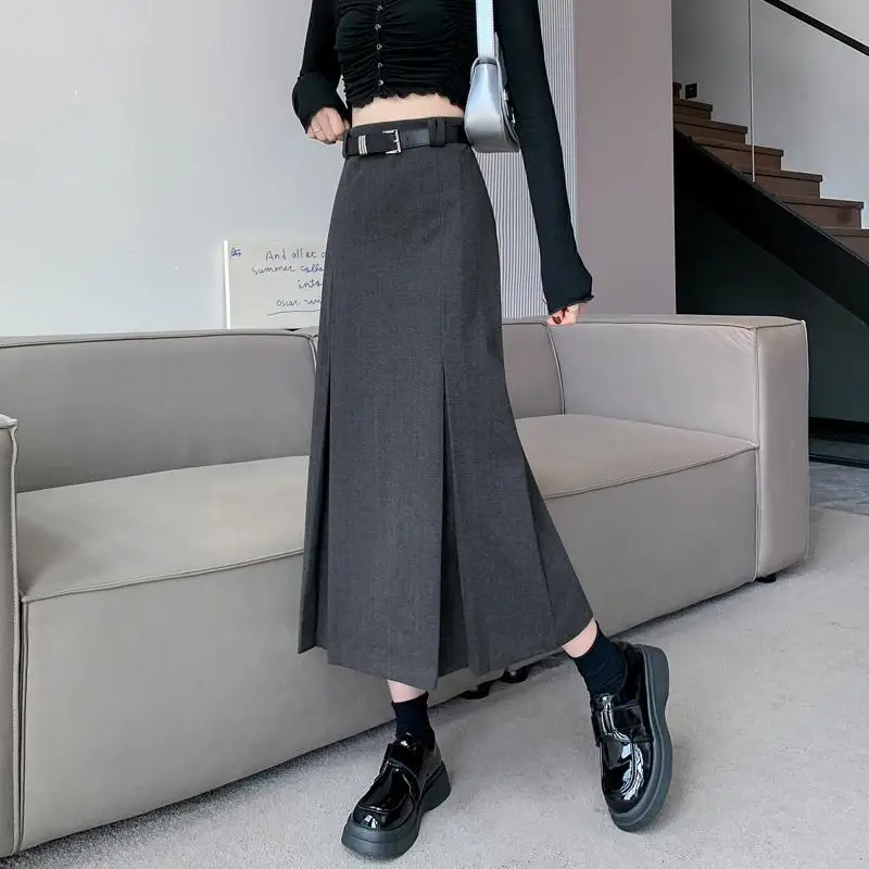 Autumn Winter Woolen Skirts Women Solid High Waist Pleated Simplicity Fashion Casual A-line Mid-length Straight Hip Wrap Skirt