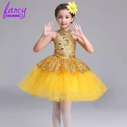 Fancy Children Gown Designs Sequins Flower Girl Party Wear Kids Pageant Gown Party Communion Prom Yellow Golden Dress for Girls