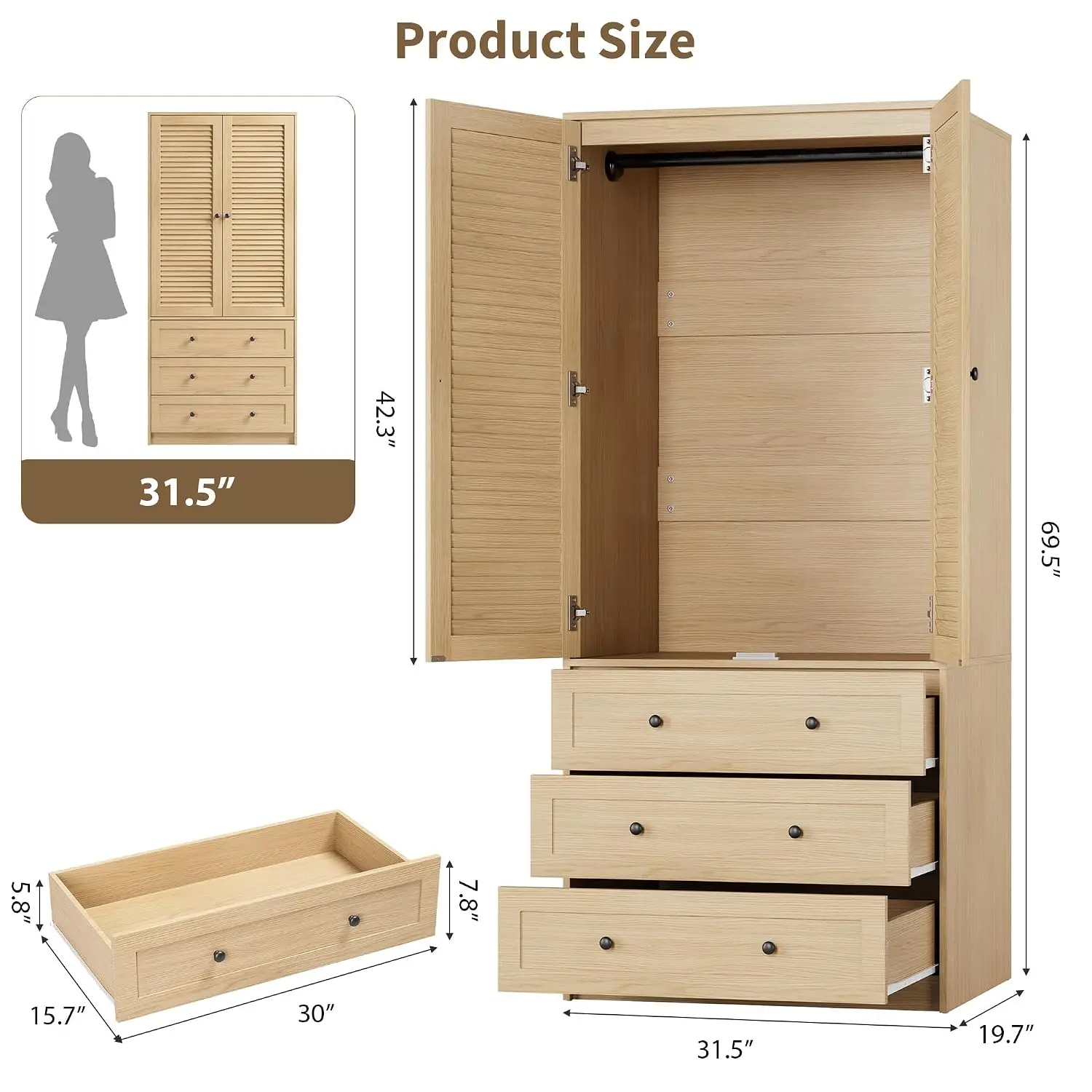Wardrobe Closet with Drawers, Hanging Rod, Storage Shelf, Large Capacity Wooden Armoire, Freestanding Bedroom Clothes Cabinet