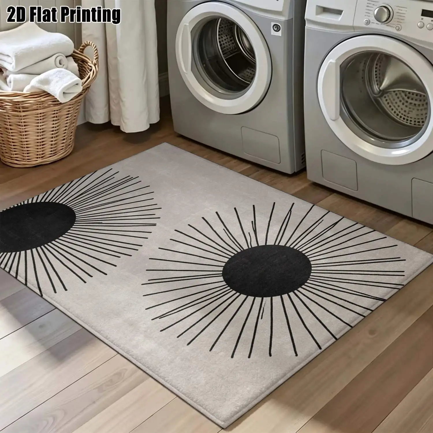 1Pc 2D Printed Black Sunray Pattern Nordic Carpet: Instagram-Worthy, Modern Minimalist, Geometric Striped, Vintage Floor Mat for Home Decor, Multi-Size, Machine Washable, Ideal for Entryway, Dining Room, Foyer, Bedroom, Living Room