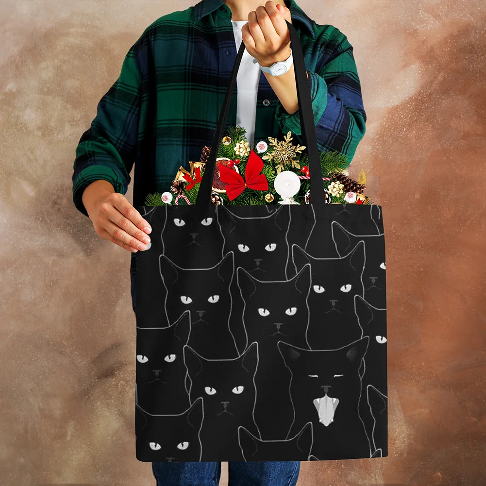 Lady Designer Tote Bags Sumi Black Cat Printed Linen Fabric Eco Handbag Shopping Office Reusable Casual Shoulder Bag