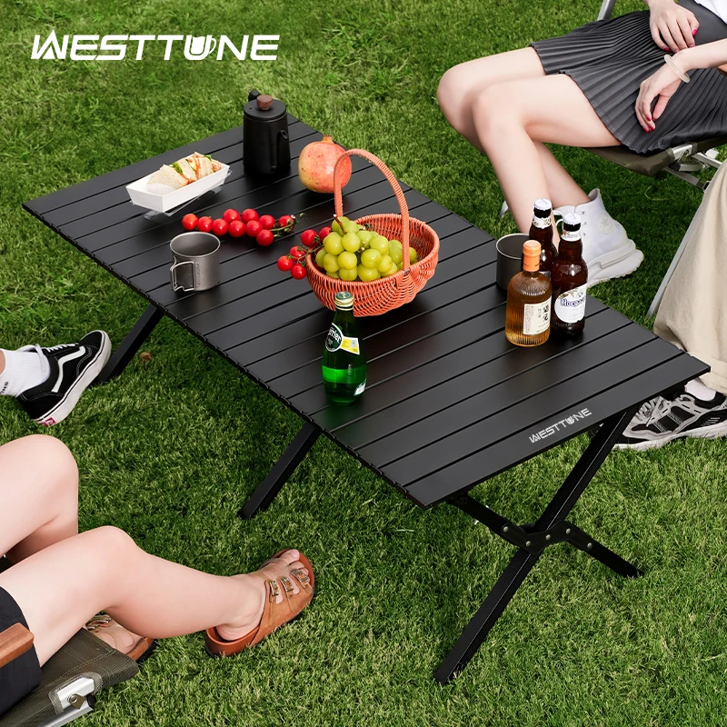 Mesa plegable WESTTUNE para acampar, mesa enrollable portátil de aluminio, mesa de picnic ligera para picnic al aire libre, barbacoa, patio trasero, playa