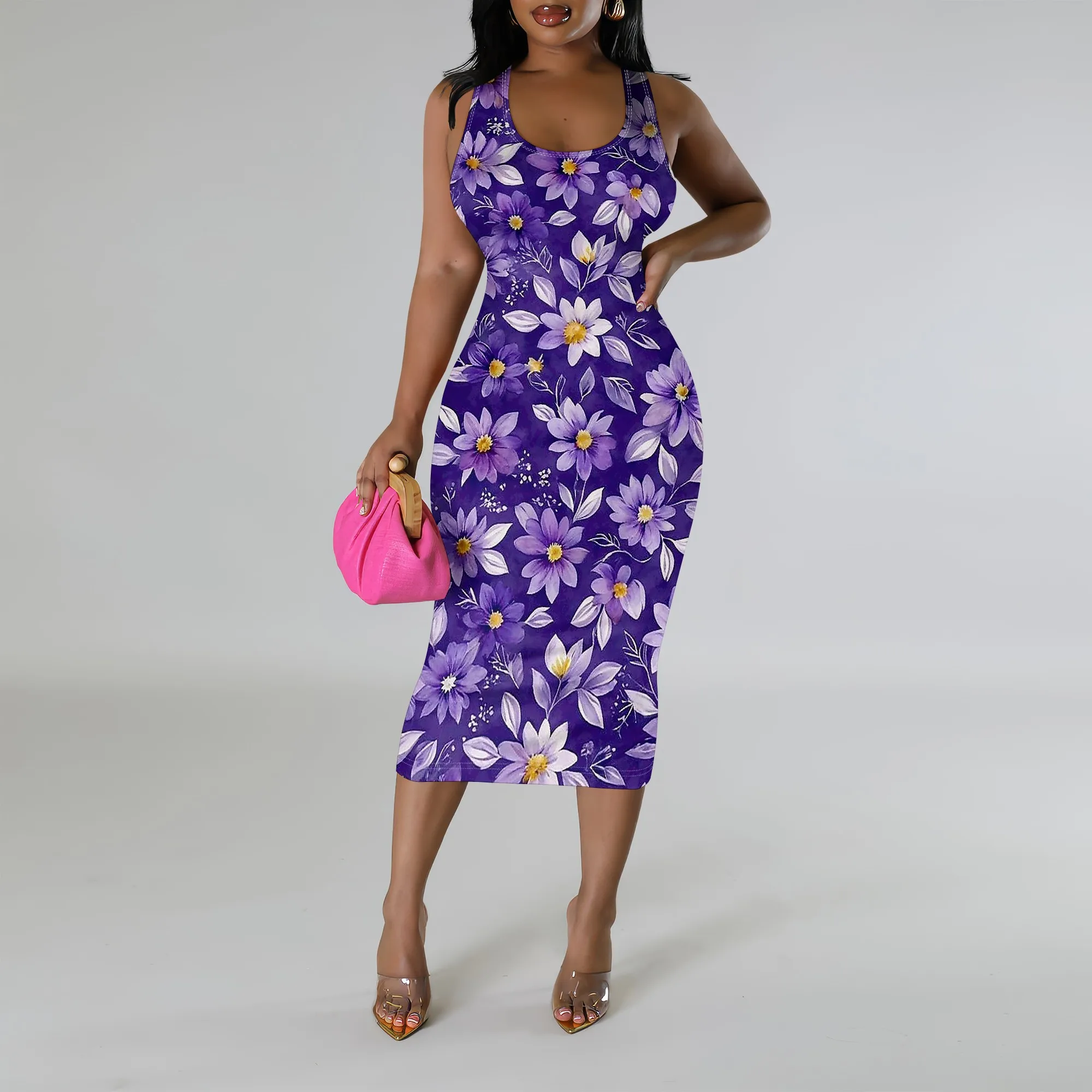 

Women's Boho Floral Midi Dress Sleeveless O-Neck Bodycon Dress for Casual Party Vacation Wear XS-3XL