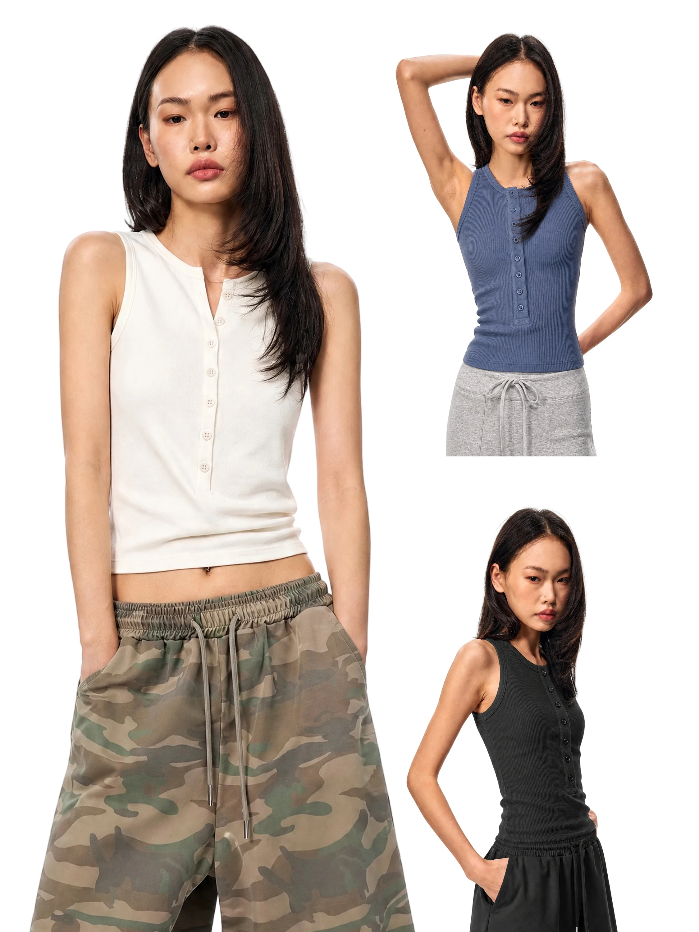 GOGO BURN White Henry Collar Workwear Strap Vest Women Summer New Sleeveless Knitted Top Slim Fit U Neck Short Length  C...