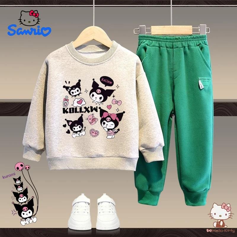 

Осенний комплект детской одежды Sanrio, милые толстовки с принтом Куроми для девочек, пуловер, топ и зеленые штаны, комплект из 2 предметов, детская модная одежда