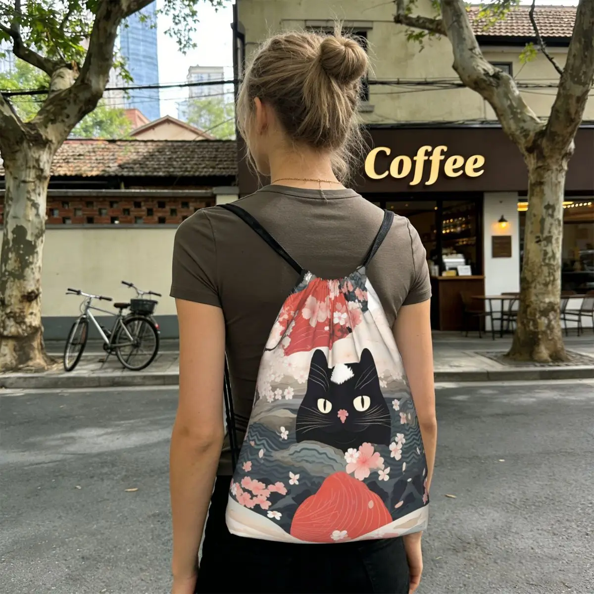 Sakura Mount Fuji And Cat Backpacks Fashion Drawstring Bags Storage Bag Book Bags for Travel Students