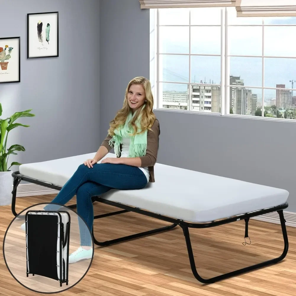

Folding Bed with Comfort Foam Mattress 300Lbs Capacity Twin Rollaway Bed with Mattress Portable Camping Cot Fold Up Bed