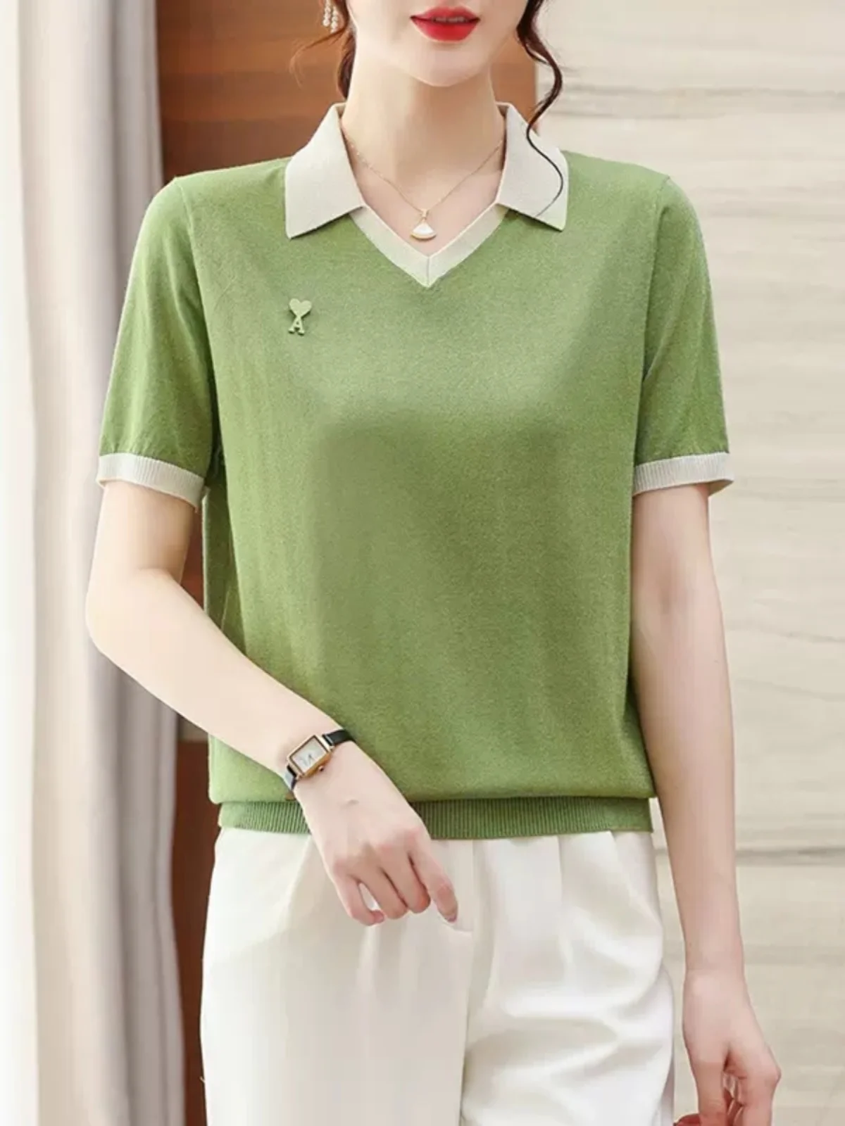 

Женская футболка из ледяного шелка с коротким рукавом, вязаная, модная, в корейском стиле, свободного кроя, летний топ