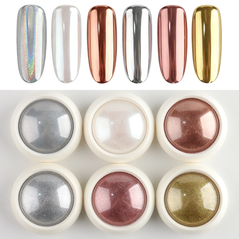 6pcs Mirror Chrome Nail Powder Set Holographic Gold Silver White Rose Metallic Nail Art Pigment Glitter Dust Manicure Decoration
