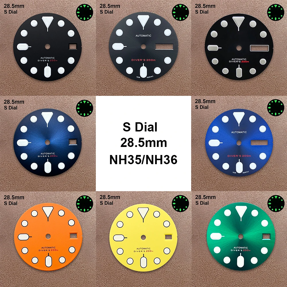 

New 28.5mm S Logo Dial Fit NH35/NH36/4R/7S Japanese Automatic Movement Green Luminous Matte/Sunburst Dial Watch Accessories