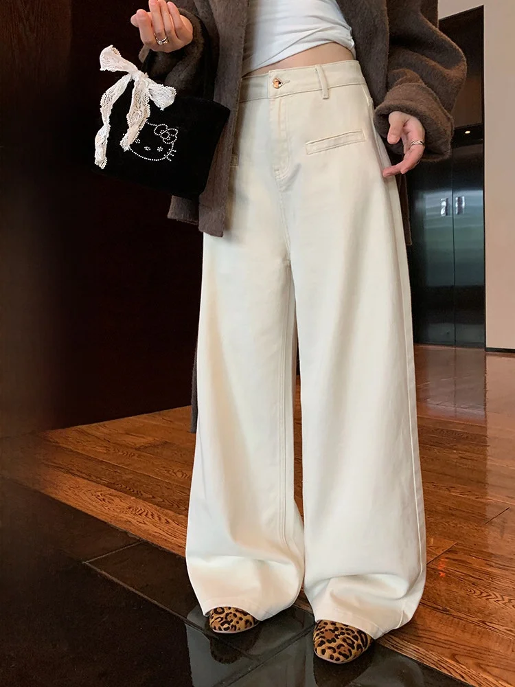 

EVNSLE High Waist Straight Leg Casual Jeans Women's Long Pants Autumn Winter White Wide Leg Denim Trousers Ladies Faion