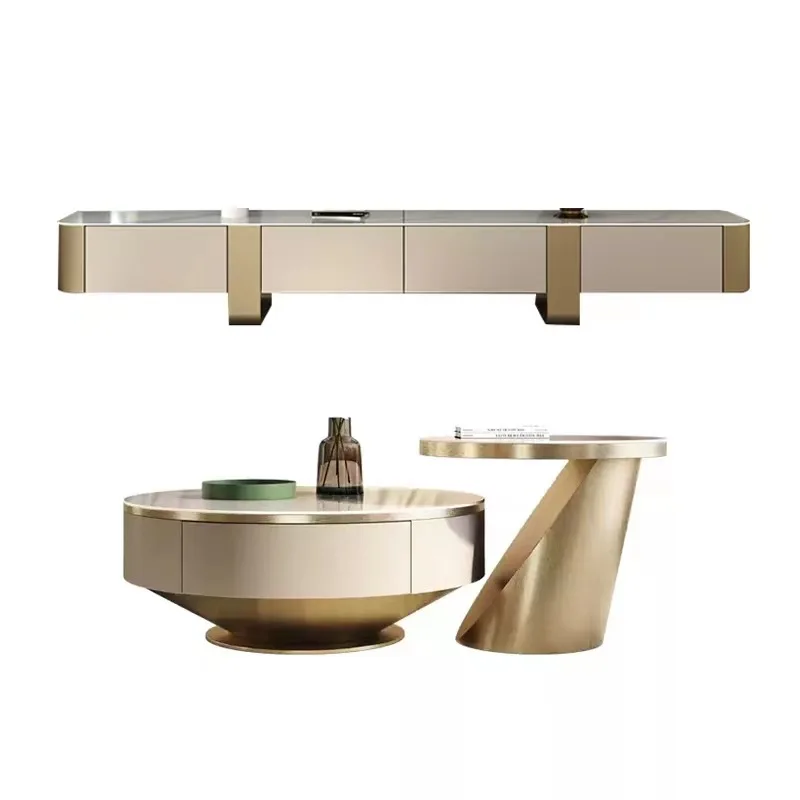 High-grade rock slab light luxury modern small and medium-sized apartment round gold household living room combination coffee ta