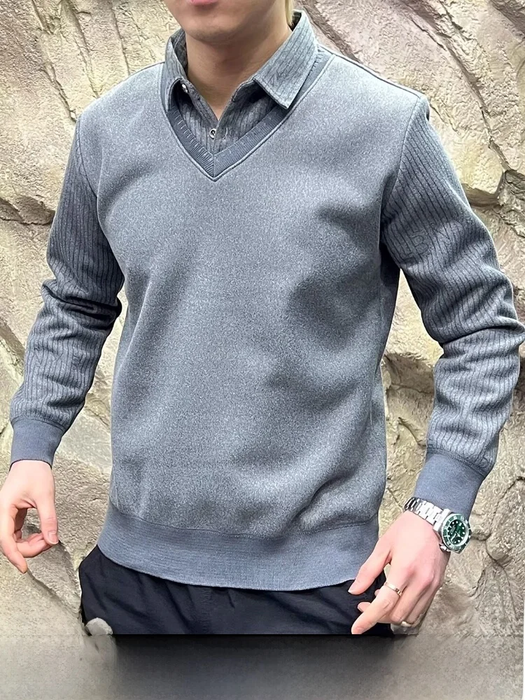 

Faionable Men's Knitted Sweater Fake Two-Piece Inteated Velvet Collar Casual Loose Fit Polyester Long Sve Breathable