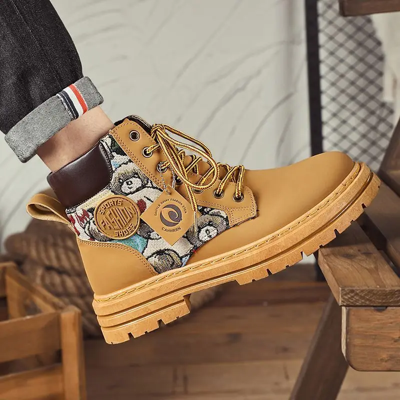 

Мужские кожаные ботинки с высоким берцем и принтом в стиле пэчворк, рабочая одежда в британском стиле, молодежная весенне-осенняя уличная повседневная обувь
