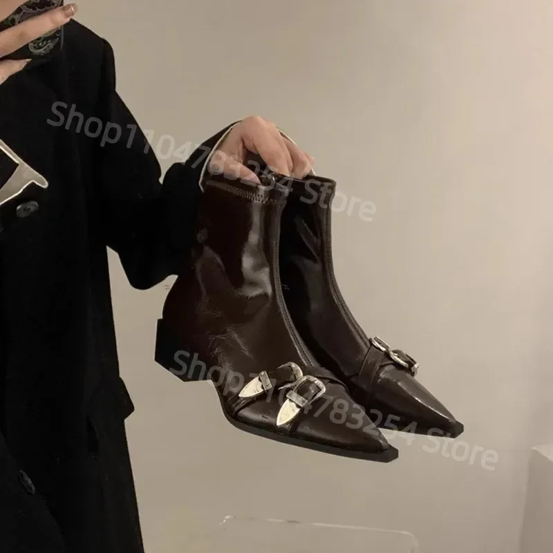 

Women's fashion chunky heel shoes new fall pointy metal buckle side zipper mid-heel comfort ankle boots zapatos de mujer
