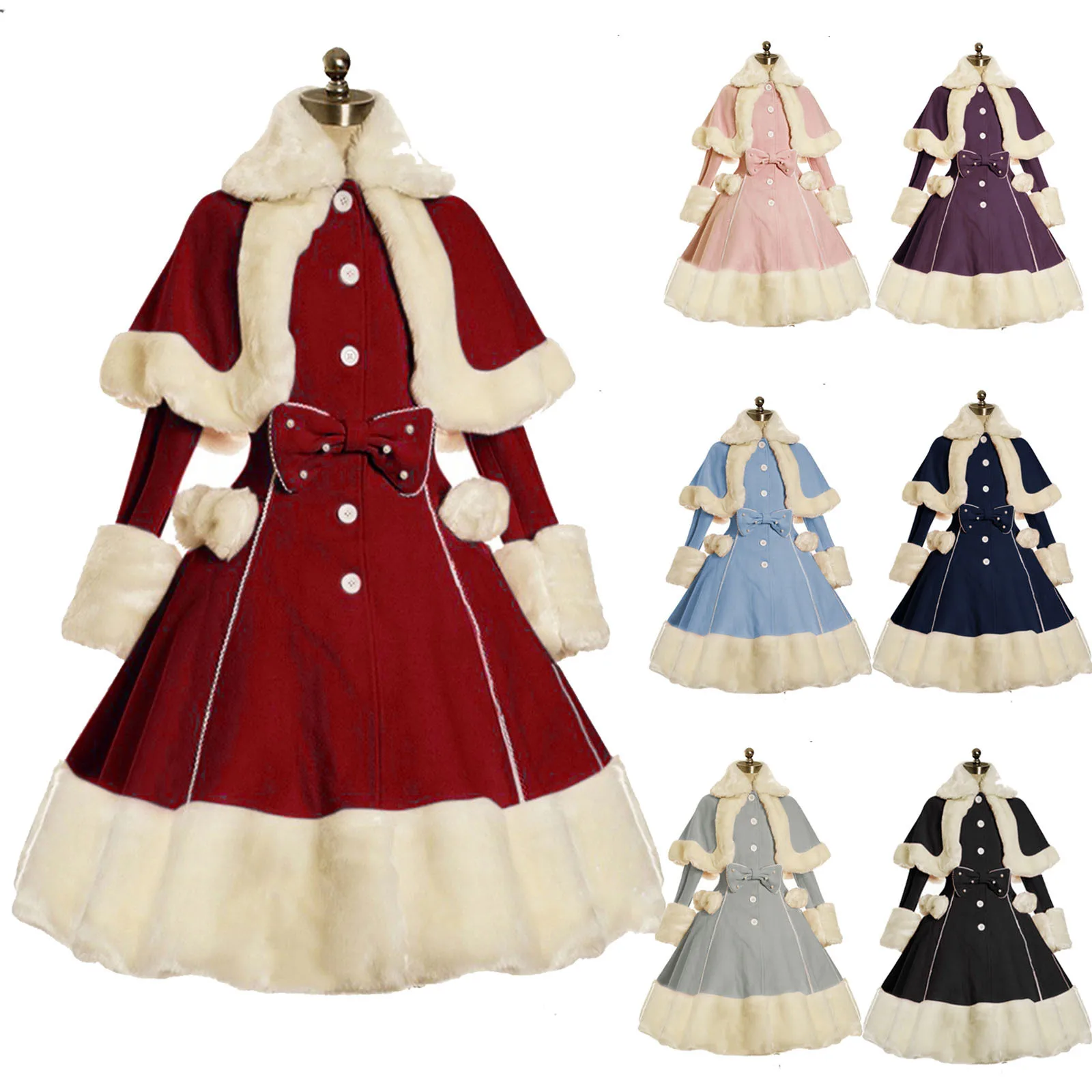 

Vintage Gothic Lolita Dress Suit Women Fur Collar Long Sleeves Shawl Cute Single-breasted Winter Warm Thick Bow Princess Dresses