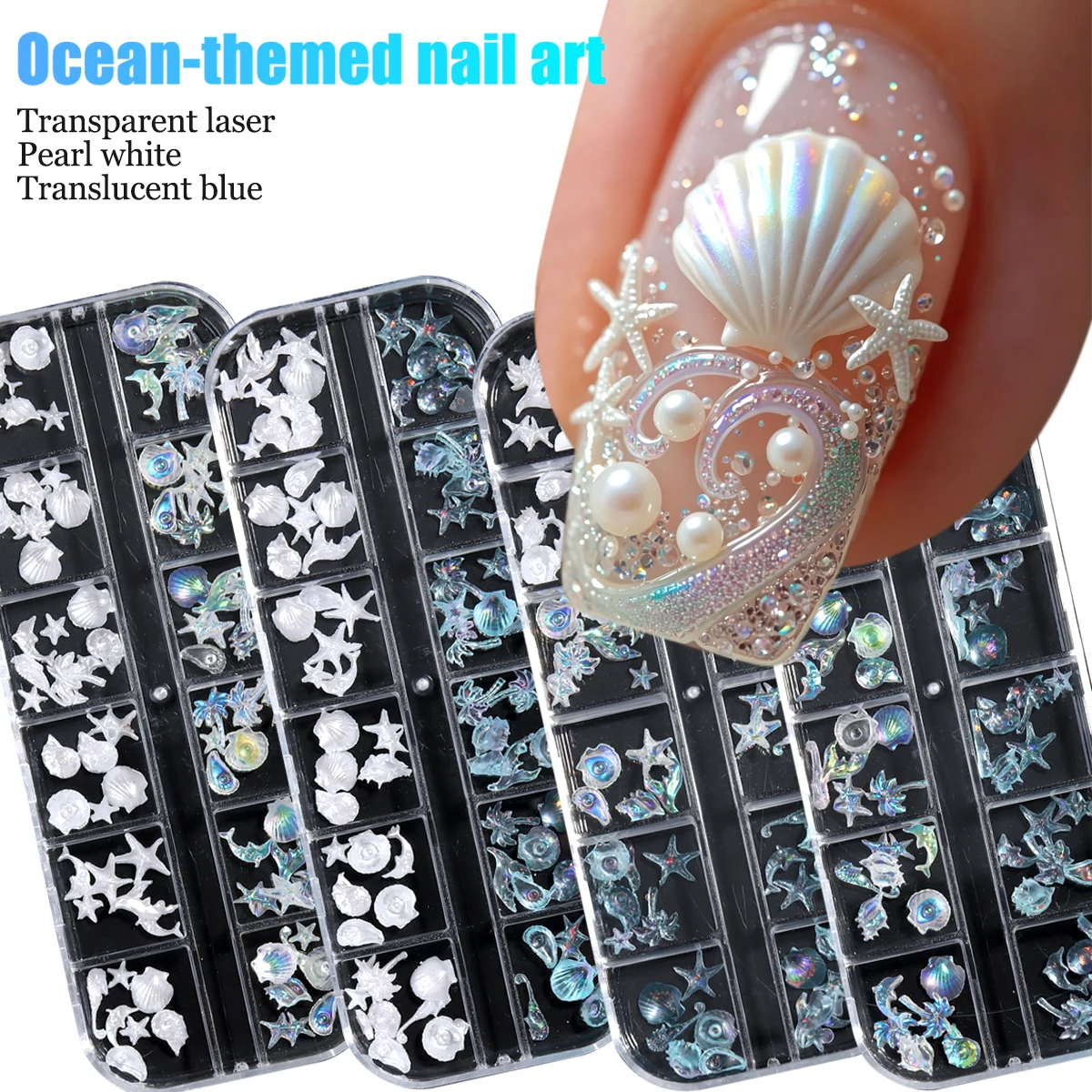 3D summer beach decorations featuring seashells, starfish, pearls, mermaids, and conch shells, perfect for beach festivals.
